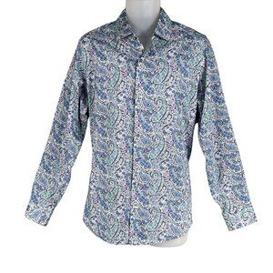 70s Psychedelic Blue Purple Paisley Long Sleeve Mens Button Up Shirt Italy Woven